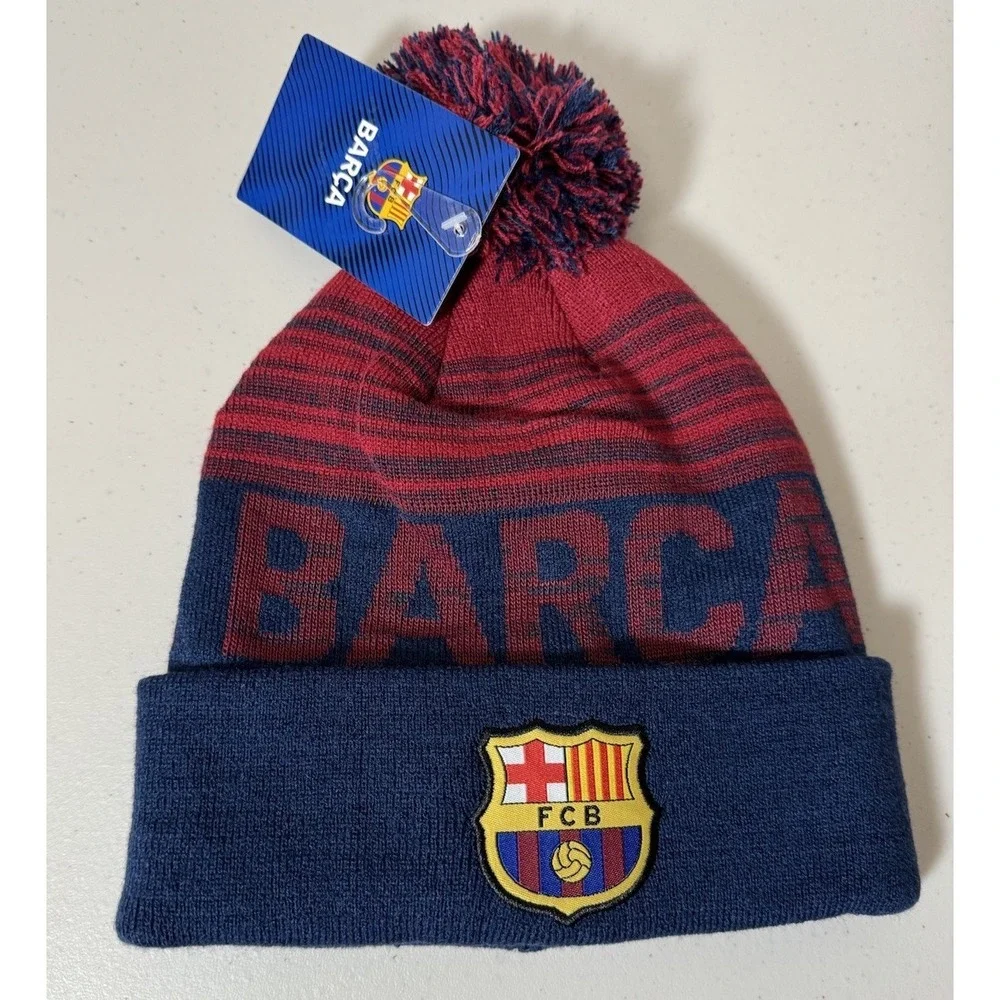 FC Barcelona Soccer Beanie BARCA Unisex Hat Pom Pom‎ One Size Knit NEW